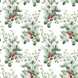 Christmas watercolor seamless pattern green mistletoe sprigs with red berries on a white background