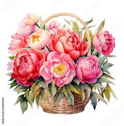 watercolor basket with pink peonies flowers isolated on white background