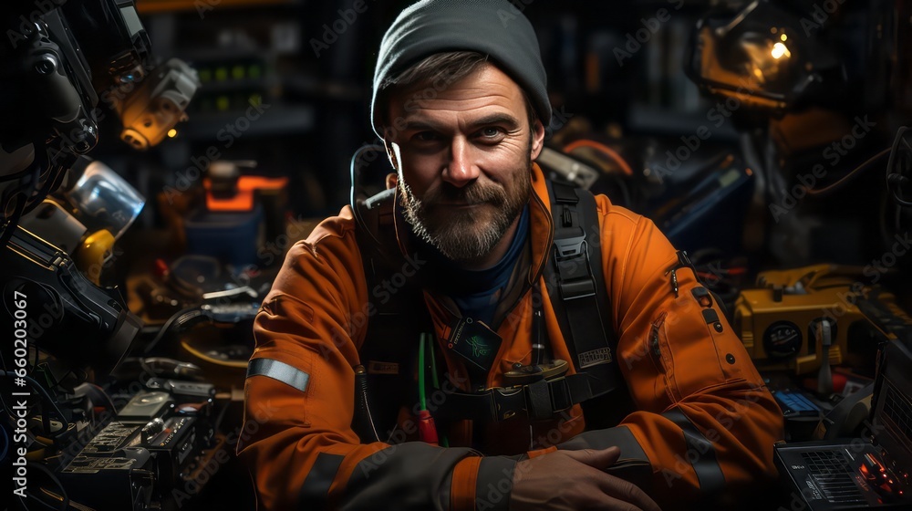 A mechanic working inside of spaceship A mechanic working inside of spaceship
