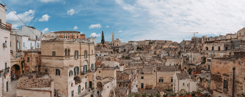 Scenic view of the Sassi di Matera in Italy, with a cloudy sky in the background