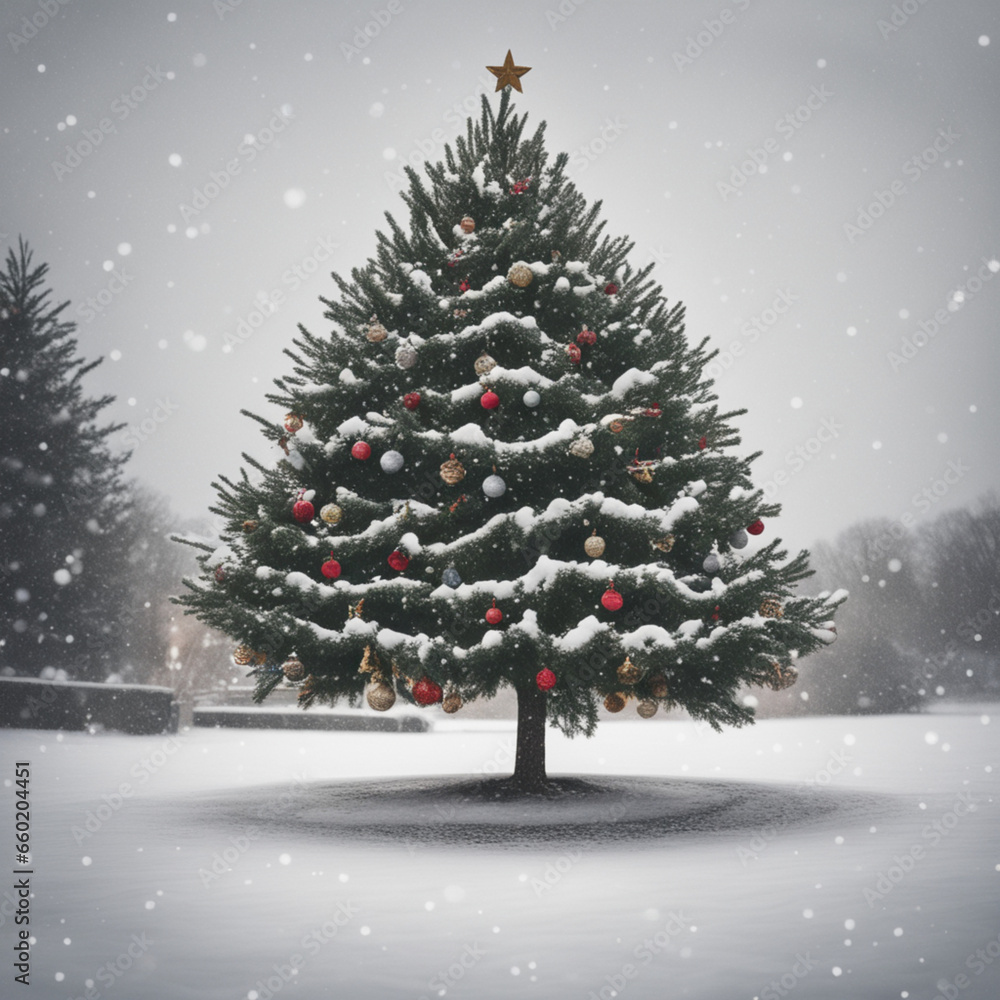 christmas tree with snow, Generative AI