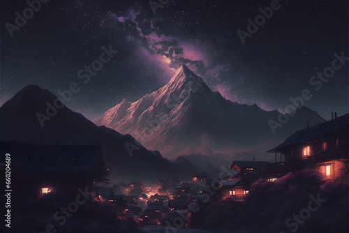 Night milky way sky mountain background chinese village aesthetic anime 