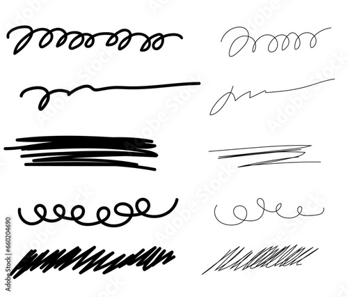 set of twirl hatch calligrafic elements for design, freehand sketchgrungy lines photo