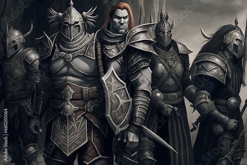 wideangle view portrait of a high level diversified group of dd adventurers on a quest to find a powerful magical artifact forced perspective a group of marauding orc paladins1 in fullplate armor2 