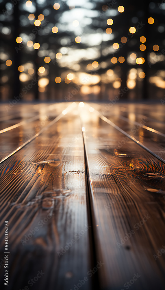 Wooden plank deck - vintage - extreme low angle shot - Christmas lights in outside trees - blurred - sunset - sunrise - golden hour - rustic - vacation 