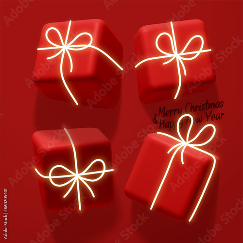 Merry Christmas and Happy New Year. Festive composition with realistic 3d red gift box. Christmas poster and holiday banner. Vector illustration