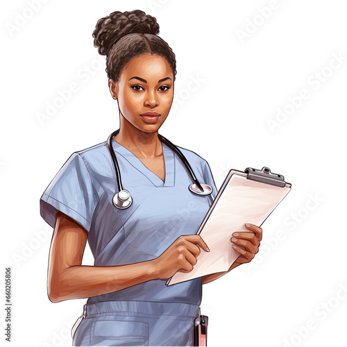 African American female nurse with a clipboard, watercolor, isolated on white transparent background