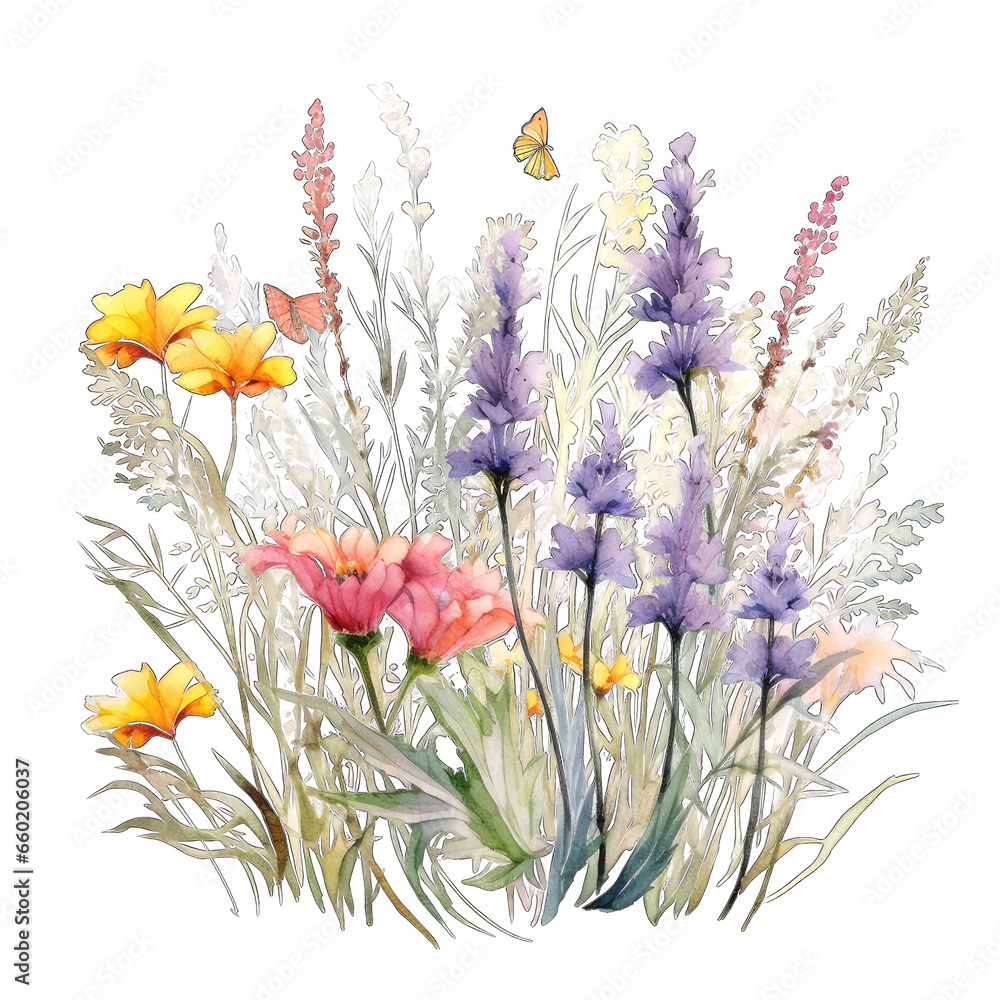 Φωτογραφία Bunch of colorful wildflowers, watercolor, isolated on white transparent backgro