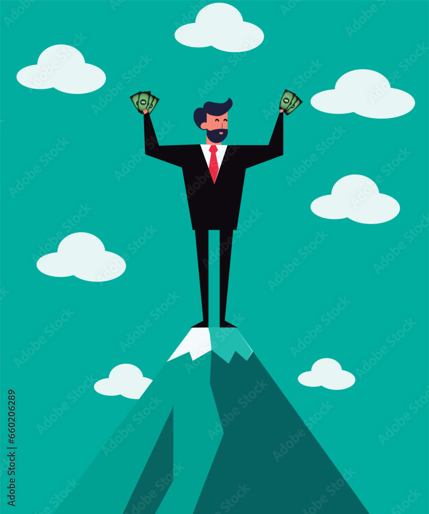 Successful Businessman on Top of the Mountain, Holding Money and Expressing Financial Triumph, Vector in Victory Pose as Part of a Professional Illustrations Pack Successful Businessman on Top of the Mountain, Holding Money and Expressing Financial Triumph, Vector in Victory Pose as Part of a Professional Illustrations Pack