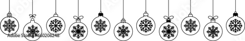 Christmas ball black line icons.Set of simple black christmas balls with a snowflakes .Holiday christmas decoration.Christmas and New Year seamless banner or border.