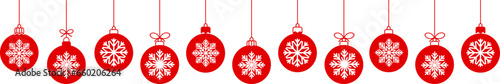Christmas ball red line icons.Set of simple red christmas balls with a snowflakes .Holiday christmas decoration.Christmas and New Year seamless banner or border.