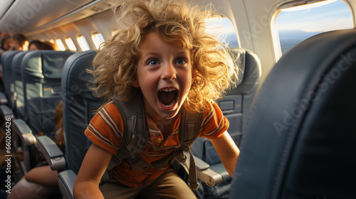 Irate Child Causing Mayhem On An Airplane Bothering Everyone On Board. Generative AI.