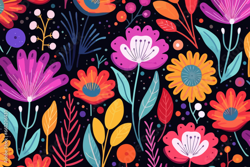 Floral abstract quirky doodle pattern, wallpaper, background, cartoon, vector, whimsical Illustration