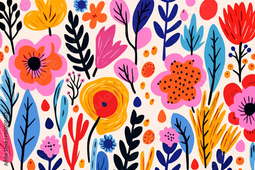 Floral abstract quirky doodle pattern, wallpaper, background, cartoon, vector, whimsical Illustration photo