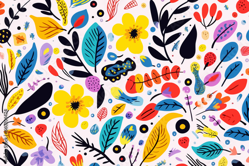 Floral abstract quirky doodle pattern, wallpaper, background, cartoon, vector, whimsical Illustration