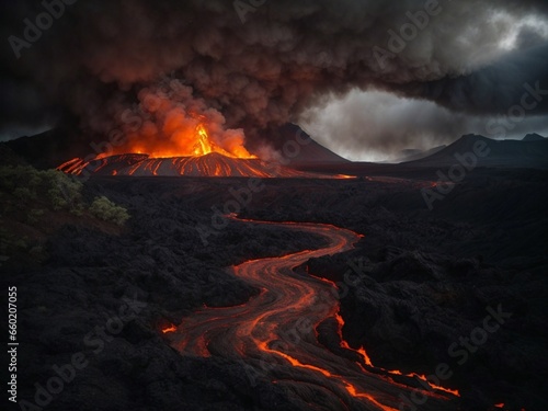 a volcanic realm with lava rivers, dark skies