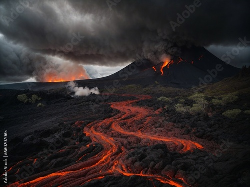 a volcanic realm with lava rivers, dark skies