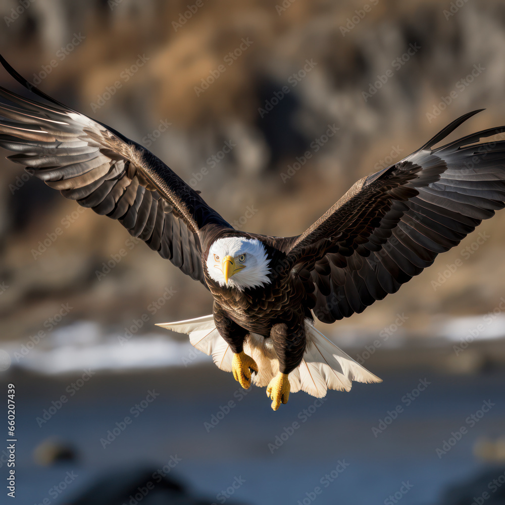 Fototapeta premium bald eagle in flight catching a fish.