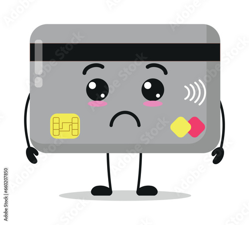 Cute sad credit card character. Funny unhappy economy cartoon emoticon in flat style. closet vector illustration