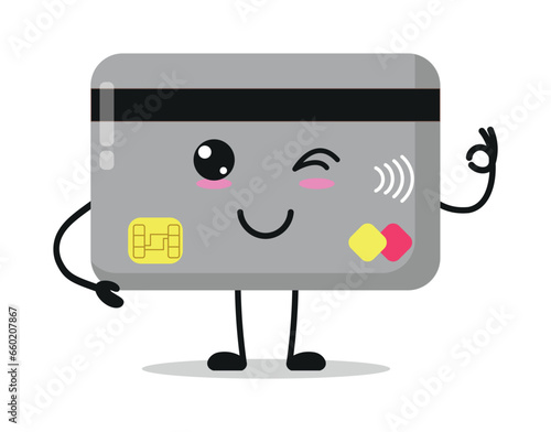 Cute happy credit card character. Funny smiling and wink economy cartoon emoticon in flat style. closet vector illustration