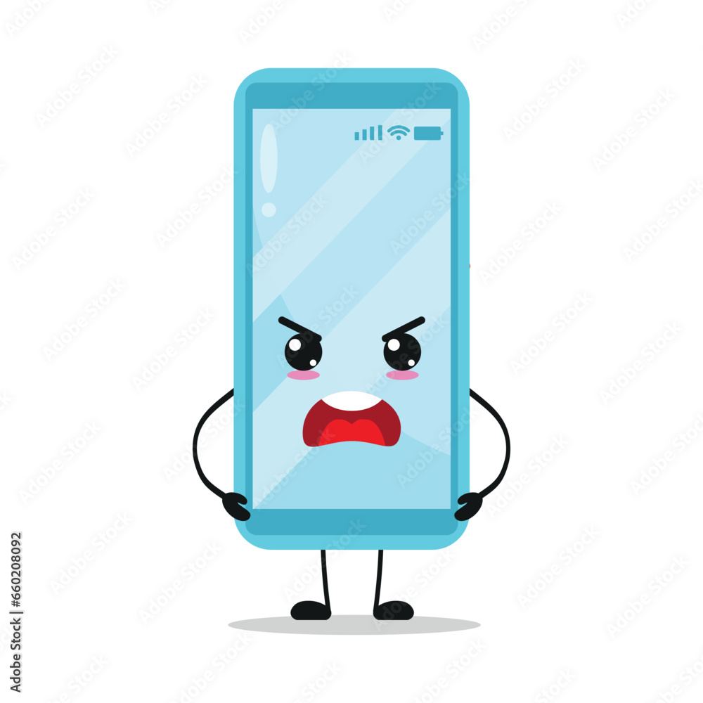 Cute angry smartphone character. Funny mad mobile phone cartoon emoticon in flat style. closet vector illustration Cute angry smartphone character. Funny mad mobile phone cartoon emoticon in flat style. closet vector illustration