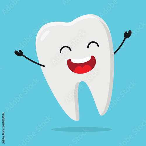 Cute happy tooth character. Funny victory jump celebration teeth cartoon emoticon in flat style. closet vector illustration