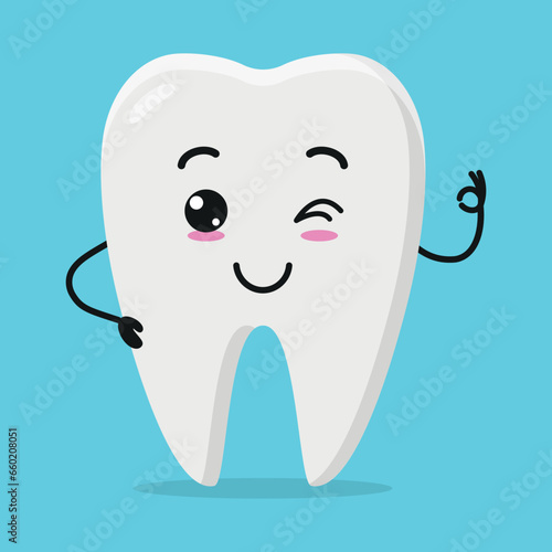 Cute happy tooth character. Funny smiling and wink teeth cartoon emoticon in flat style. closet vector illustration