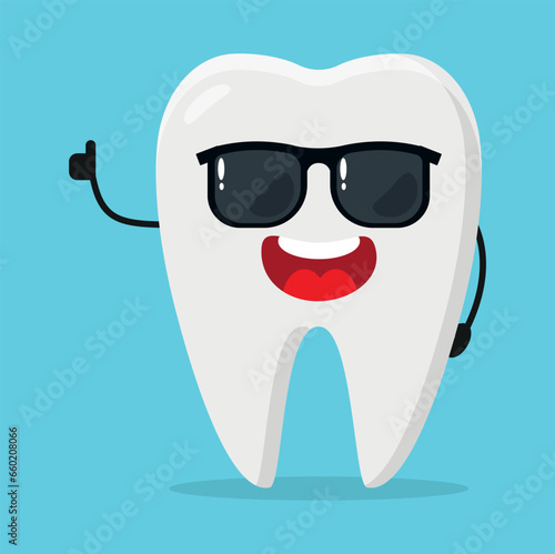 Cute happy tooth character wear sunglasses. Funny teeth greet friend cartoon emoticon in flat style. closet vector illustration