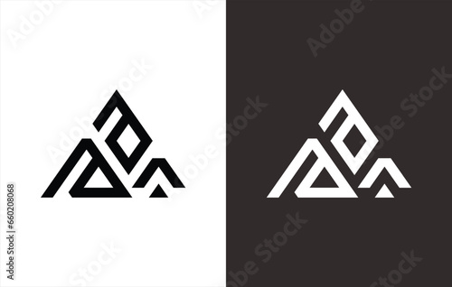 monogram logo in the form of a triangle that forms the letters "A" and "A". Black and white background.