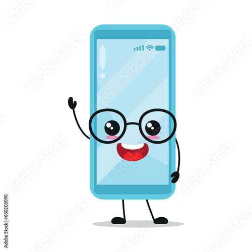 Wallpaper Mural Cute happy smartphone character wear eyeglasses. Smiling and greet mobile phone cartoon emoticon in flat style. closet vector illustration Torontodigital.ca