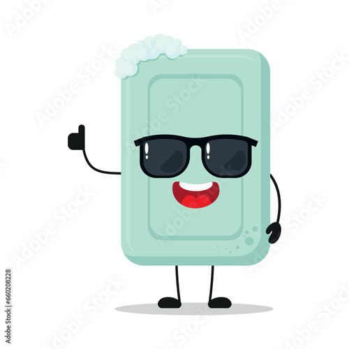 Cute happy soap character wear sunglasses. Funny bath greet friend cartoon emoticon in flat style. closet vector illustration