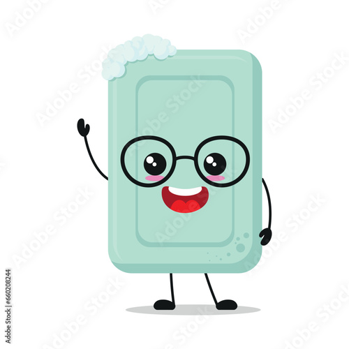 Cute happy soap character wear eyeglasses. Smiling and greet bath cartoon emoticon in flat style. closet vector illustration