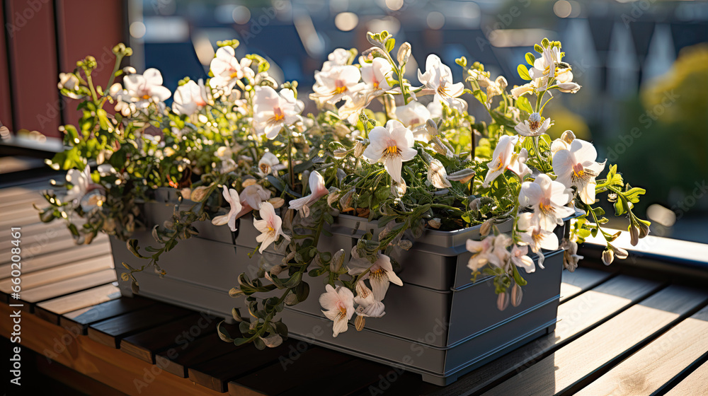 gray plastic planter overflowing with blooming freesias flowers on a balcony