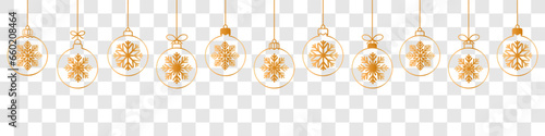 Christmas ball golden line icon.Set of simple golden christmas balls with a snowflakes isolated on transparent background.Holiday christmas decoration.Christmas and New Year seamless banner or border.