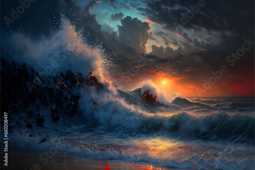 stormy night beach ocean waves oil paint detailed 