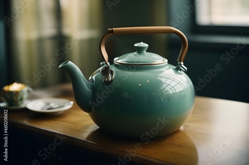 Old Fashion teapot on a table - Table with Tea Set and Kettle 