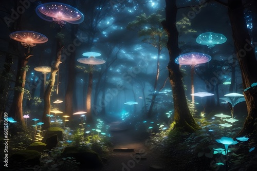 Glowing MushRooms forest reflected on serene water with illuminated landscape. photo