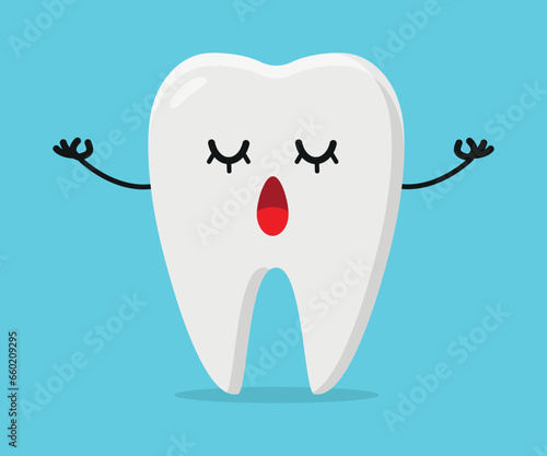 Cute relax tooth character. Funny yoga teeth cartoon emoticon in flat style. tooth meditation vector illustration