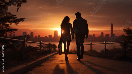 Sunset Serenade, Lovers Embracing Amidst the Cityscape