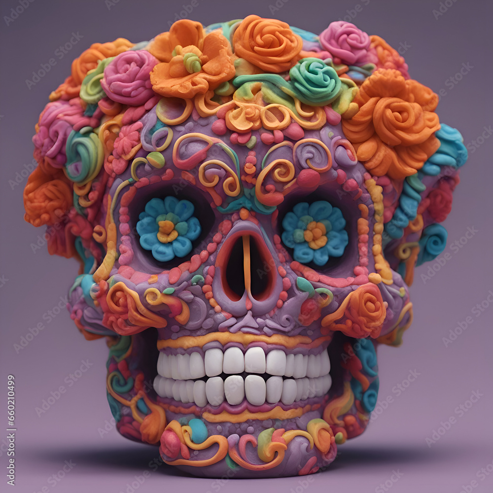 Mexican sugar skull with colorful floral ornament. 3D illustration.