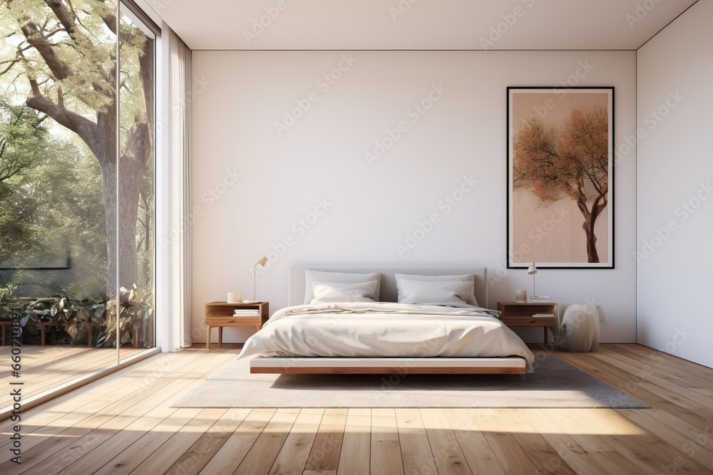 a bedroom with white walls and wood flooring the room has a large window that looks out onto the trees outside a bedroom with white walls and wood flooring the room has a large window that looks out onto the trees outside