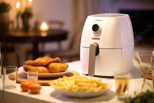 The air fryer is placed on the dryer table in the kitchen, minimalist style