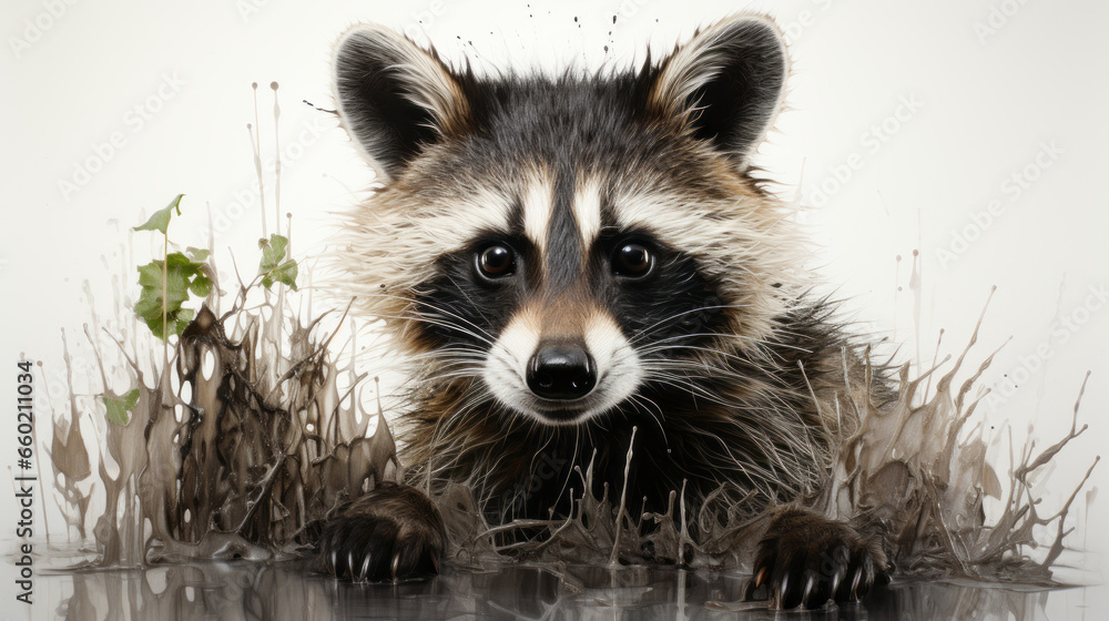 Black and white pencil drawing of a racoon