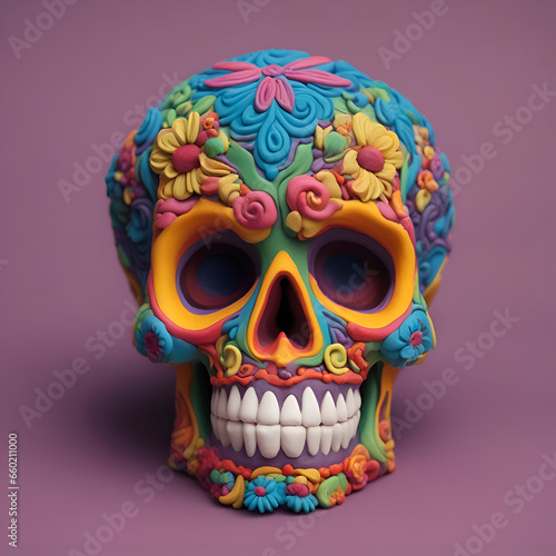 Mexican sugar skull on a purple background. 3d illustration.