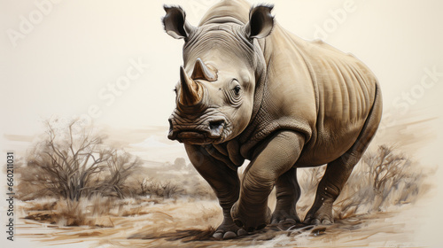 Black and white pencil drawing of a rhinoceros