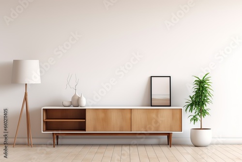 White wall, background, minimalist living room interior with wooden TV cabinet. © ORG