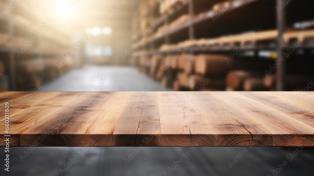 Empty wooden table top with blur background of large warehouse