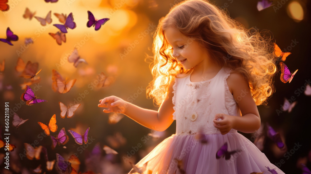 Fototapeta premium Cute little girl with butterflies against the sunset background