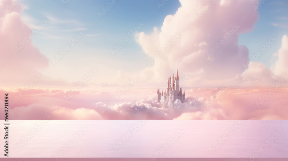 Empty table against a backdrop of soft pink clouds and a pastel fairytale castle in the distance