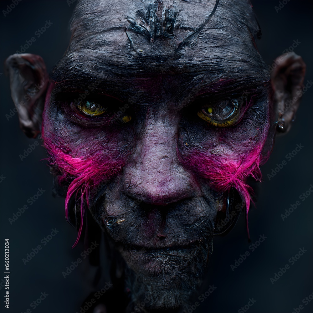 Badass Troll with Charcoal Magenta skin and short whiskers dripping slim sythncore background cryptopunk Teeth big biopunk eyes unreal engine 5 octane render hyper realistic post processing 